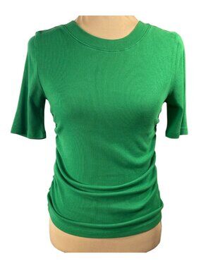 Loft Women's Top Ruched Sides Green Ribbed Size L Large Crew Neck